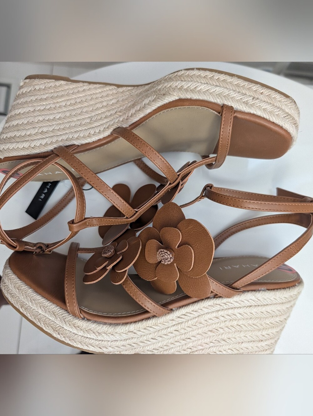 Tahari Tan Floral Leather Wedge Espadrilles